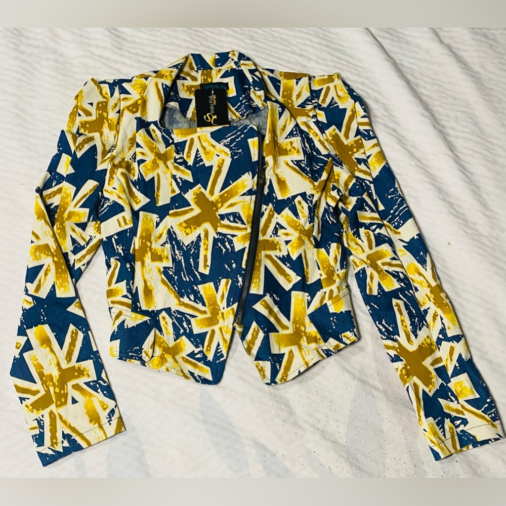 Blue / Yellow Asymmetrical Zippered Jean Jacket / Abstract Blazer Women’s Small